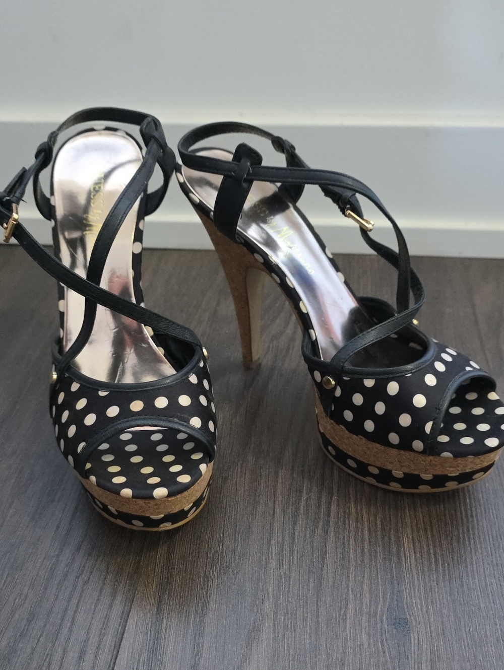 Guess by Marciano Black and White Polka Dot Platform Stiletto Sandals